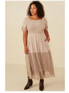 Hayden Smocked Prairy Midi Dress 2X Crochet Lace Hem Puff Sleeve Modest